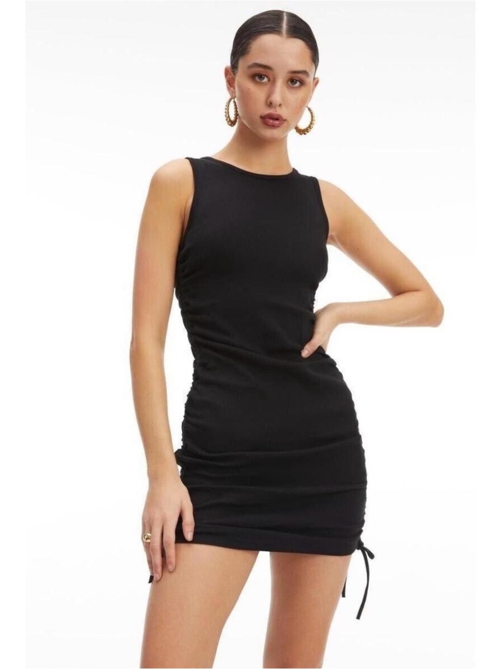 Good American Black Sleeveless Ruched Mini Dress